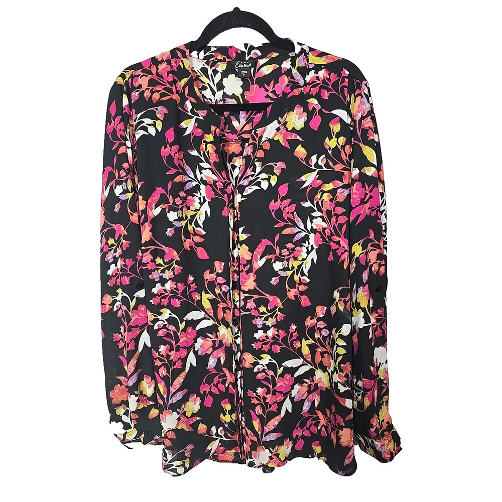 Simply Emma Pink Floral Print Long Sleeve Button Down Shirt Womens‎ Plus Size 2X